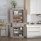 Open kitchen pantry cabinet with shelves holding bottles, jars, and cookware