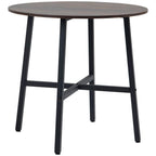 Round rustic brown dining table with steel legs and X-style support brace