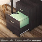 Rolling filing cabinet with two drawers; upper drawer open for hanging A4 documents on rail