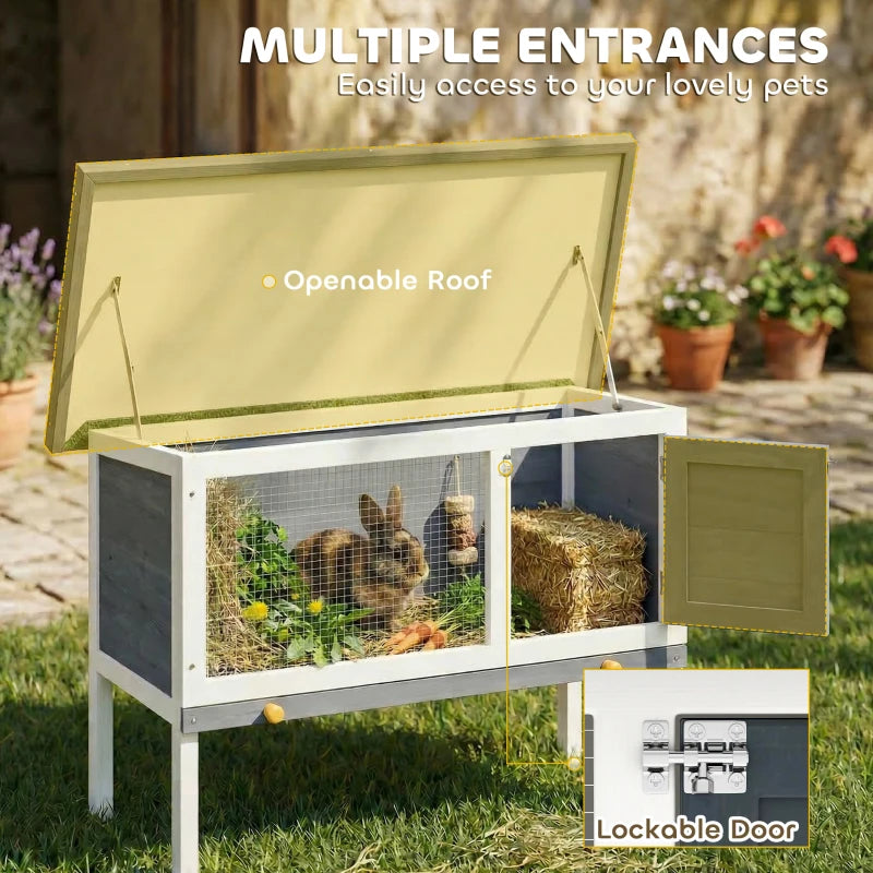 Grey wooden rabbit hutch with openable roof and lockable side door