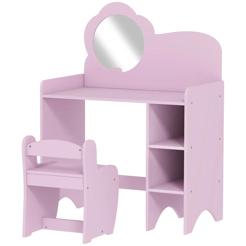 Kids purple vanity table set with round mirror and matching stool, open shelves.