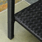 Black PE rattan table corner with woven tabletop edge and rounded leg post