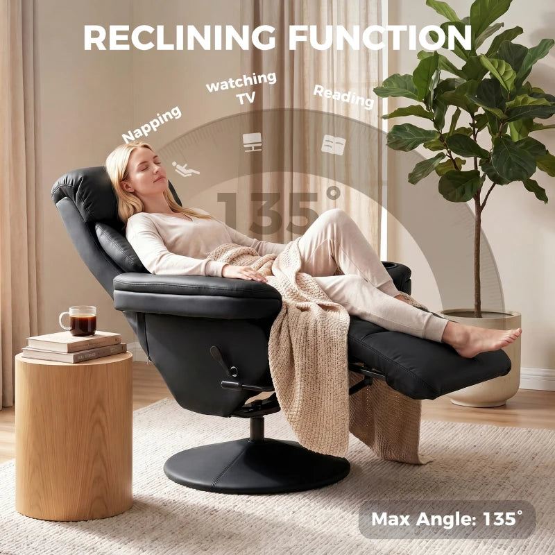 Black reclining armchair with footrest extended and curved backrest for comfort