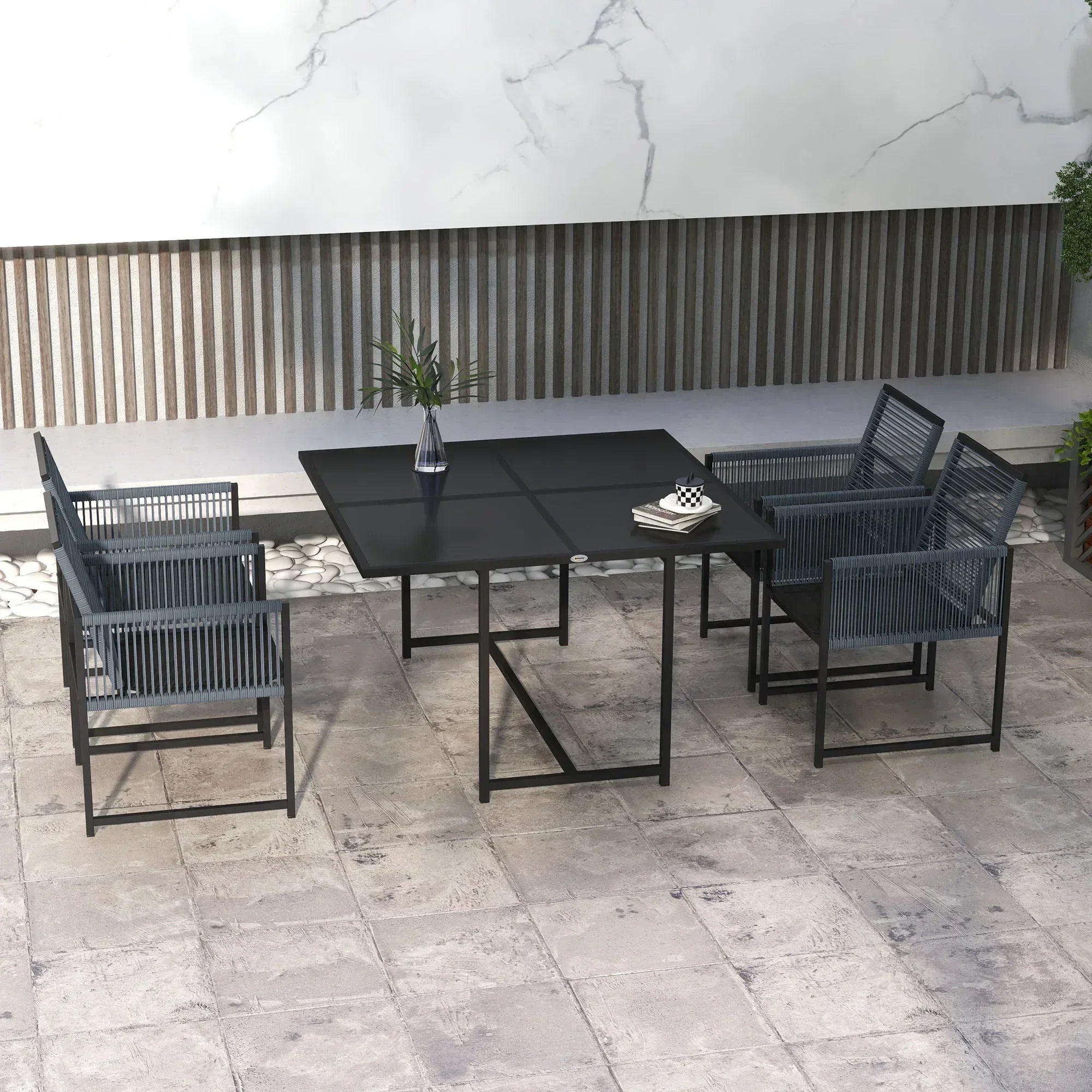 Five-Piece Metal Dining Set, with Folding Back Chairs, Dark Grey - Bobobiy
