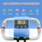 LCD monitor with pulse sensor on an exercise bike handlebar, showing workout readouts