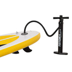 Inflatable stand-up paddle board with white and yellow deck and black non-slip traction pad