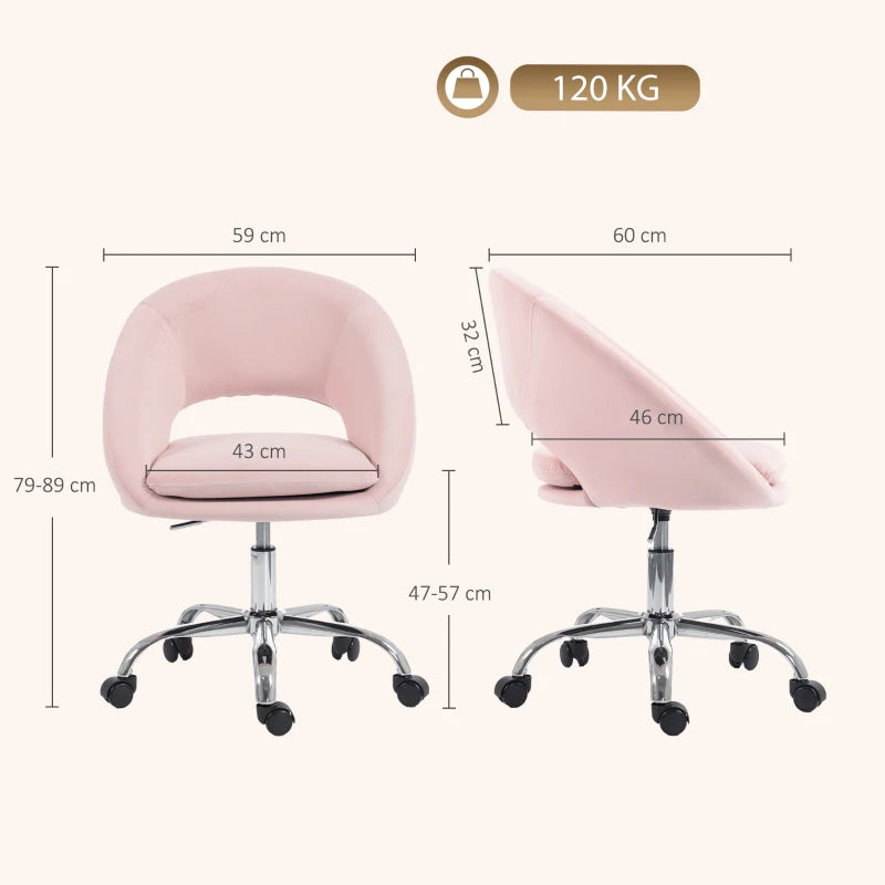 Pink velvet desk chair shown from side, rounded back and cushioned seat on casters