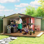 Light brown metal shed interior with shelving storage and open double doors