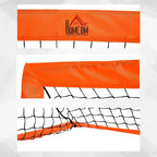 Orange football goal net with HOMCOM logo and close-up view of white mesh panel