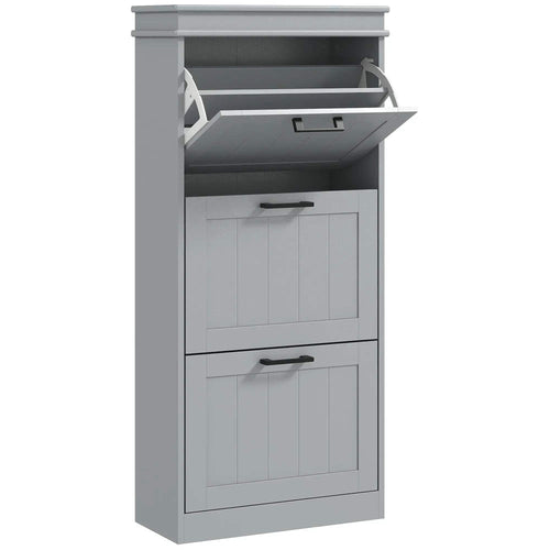 Grey shoe cabinet with open top compartment and two drawers