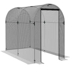Black plant protection tent with galvanized steel frame and zippered double door, open