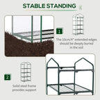 Mini greenhouse with solid green steel frame and clear sides, four-tier base