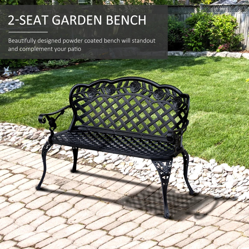 Black cast aluminum 2-seat garden bench with floral lattice back and slatted seat
