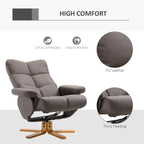 Brown PU leather recliner chair with thick padded seat and backrest, swivel wooden base