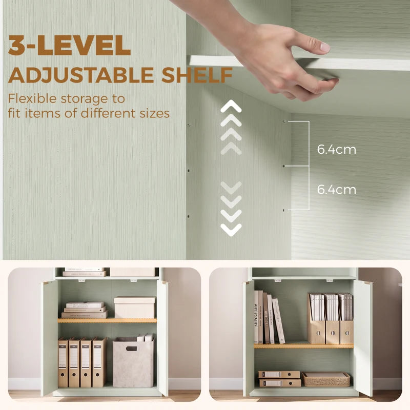 Light green bookcase showing 3-level adjustable shelves with removable shelf supports