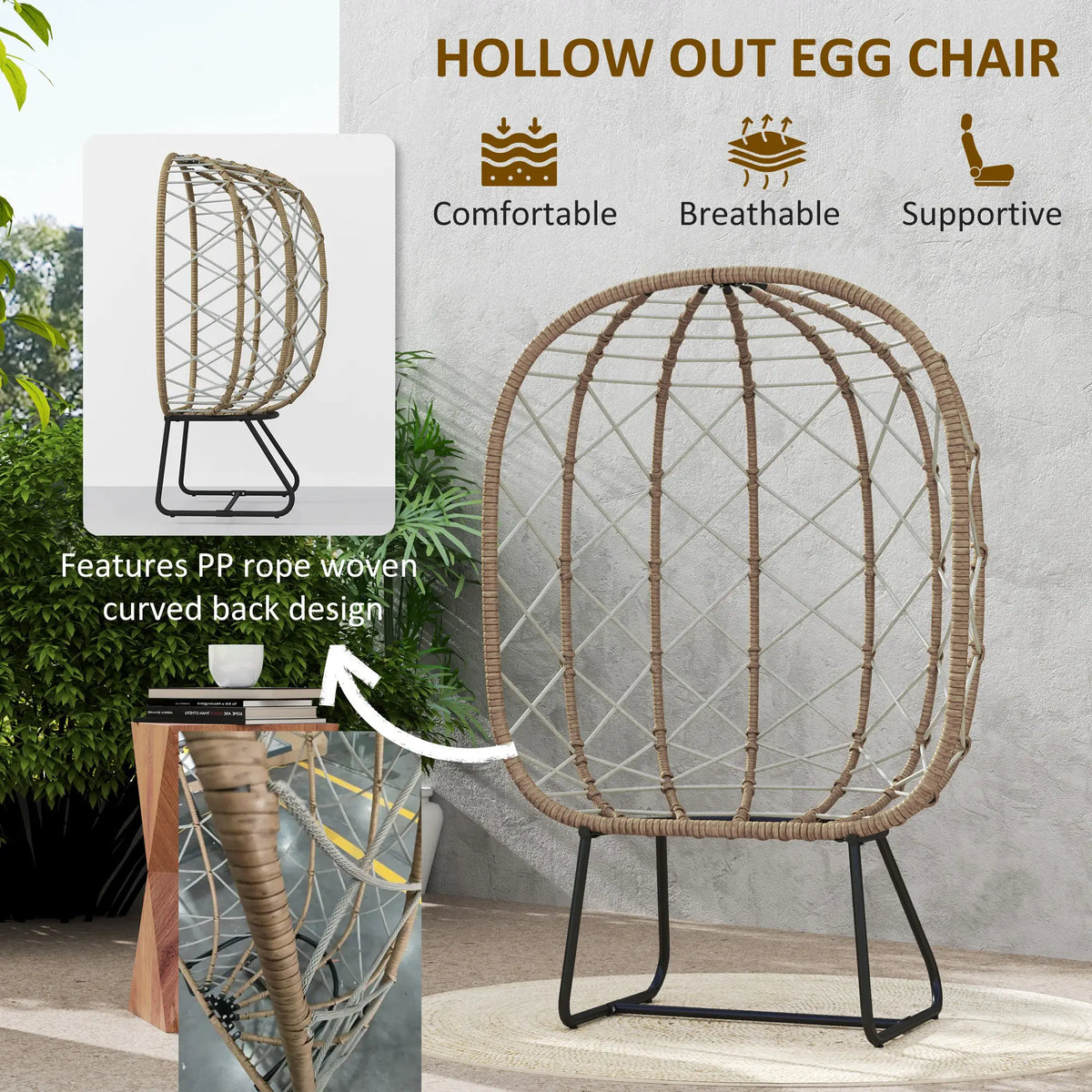 Outsunny Rattan Egg Chair Outdoor Indoor Wicker Chair with Thickened Cushion and Headrest, Standing Garden Egg Chair