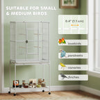 White bird cage sized for small and medium birds, with perches and side openings