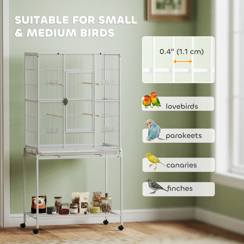 White bird cage sized for small and medium birds, with perches and side openings
