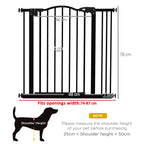 Black adjustable pet safety gate with auto-close door and size measurement diagram
