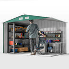 Green metal garden shed with open double doors showing shelves and storage inside