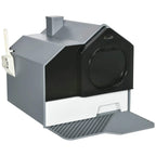 Grey enclosed cat litter box with hooded front entrance and drawer base, includes scoop.