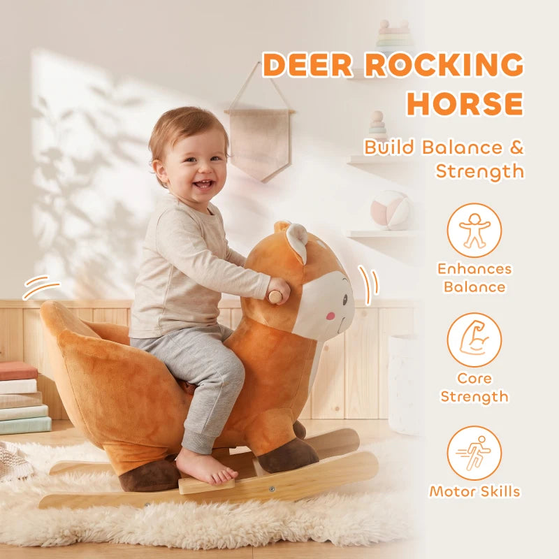 Brown plush deer rocking horse with wooden rockers for toddler riding