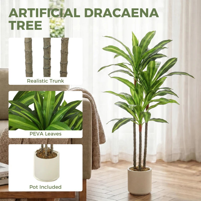 Green artificial dracaena tree with lifelike leaves and realistic textured trunks, potted.