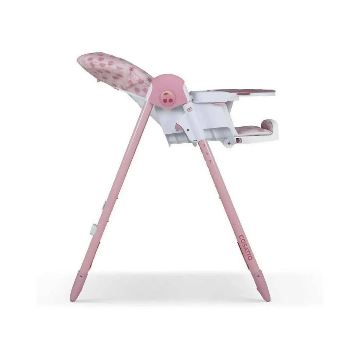 Pink infant highchair with cherry pattern seat, white tray, and side safety arm
