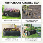 Black raised bed planter with planting scenes for cleaner pathways and soil use