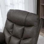 Dark faux-leather recliner back with padded headrest and segmented cushions