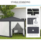 Hexagon gazebo with dark grey roof, stable frame, and guy rope stakes