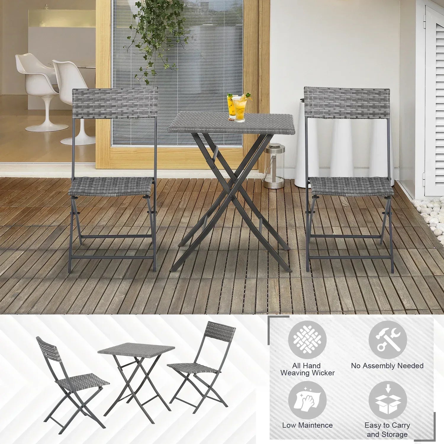 2-Seater Chair Bistro Set Garden Patio Table & Chair Black Rattan Furniture Grey - Bobobiy