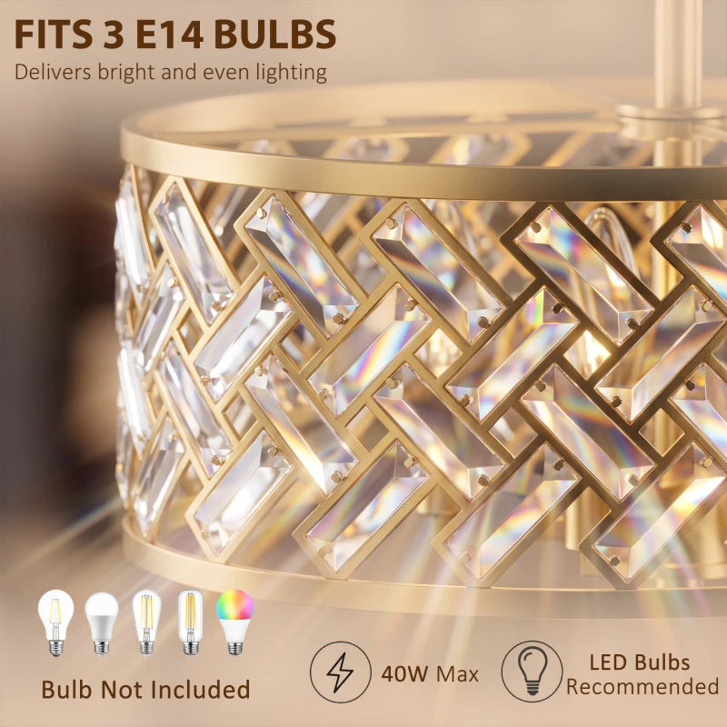 Gold-tone crystal ceiling light with lattice metal shade; E14 sockets, bulbs not included
