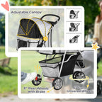 Adjustable canopy three-wheel pet stroller with rear brake and universal front wheels