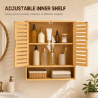 Oak bathroom wall cabinet with adjustable inner shelf and louvered double doors