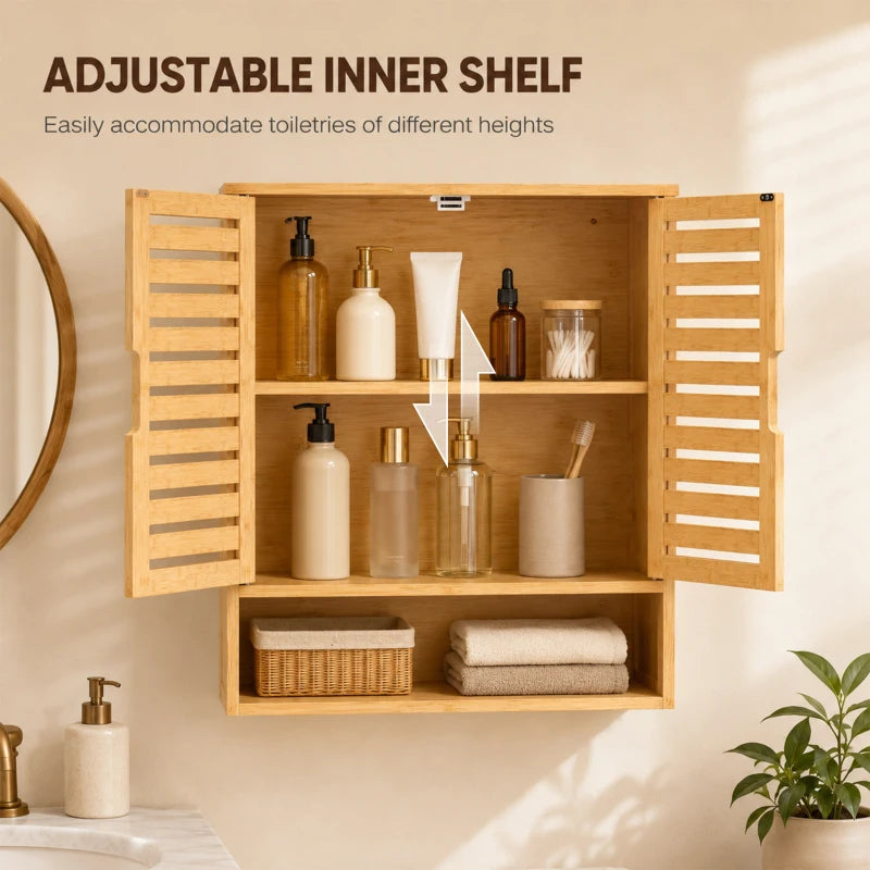 Oak bathroom wall cabinet with adjustable inner shelf and louvered double doors