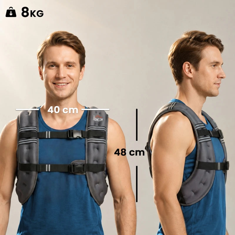 Grey weighted vest worn over athletic top, adjustable chest straps visible