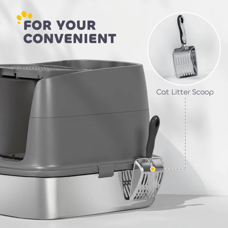 Dark grey enclosed cat litter box with attached litter scoop for convenient cleaning