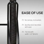 Black two-bike bike stand with open U-shaped supports and wheel-contact cradles