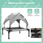 Raised cooling pet bed with removable light grey canopy and black legs