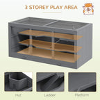 Grey wooden hamster cage with multi-level play area, ladder, and platform