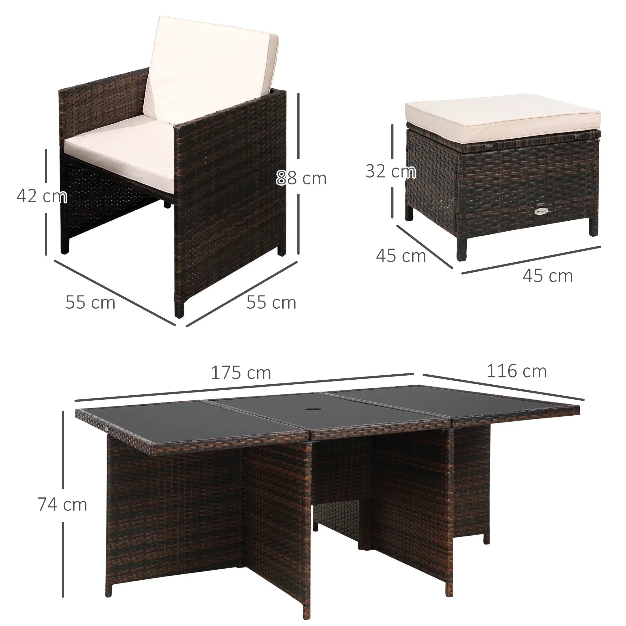 10 Seater Rattan Cube Garden Furniture Set with Parasol Hole, Rattan Dining Set with Cushions, Outdoor Dining Table and Chairs with Rectangular Glass Top Table for Patio, Mixed Brown - Bobobiy