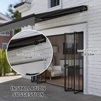 Dark grey wall-mounted awning with bracket placement and suggested installation height