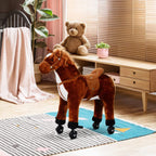 Plush brown ride-on horse toy with four rolling wheels and tan riding saddle