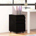 Black 3-drawer rolling filing cabinet with lock and casters, positioned under a desk