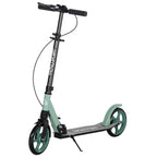 Light green folding kick scooter with two green wheels and rear kickstand