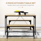 Dining table with two benches, natural wood tabletop and bench seats, black metal frame