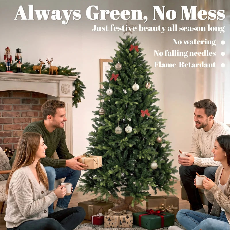 Green artificial Christmas tree decorated with ornaments and garland, on wooden stand