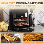 Black air fryer oven with food visible through the front glass window