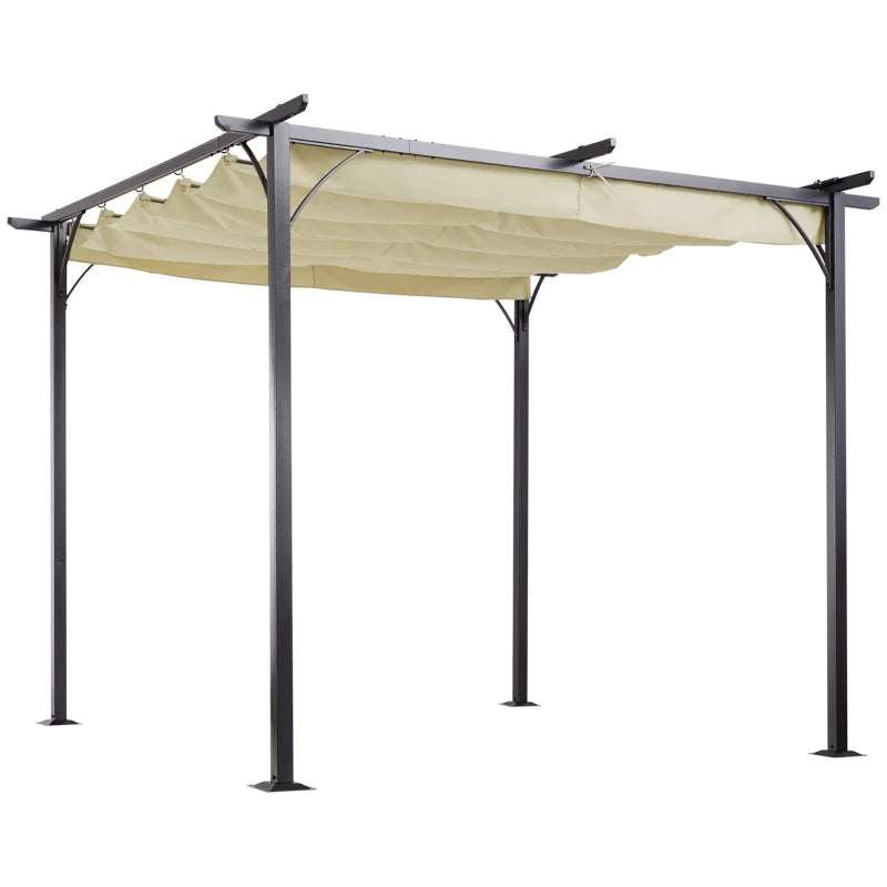 Beige retractable-canopy metal pergola with four posts and top beams